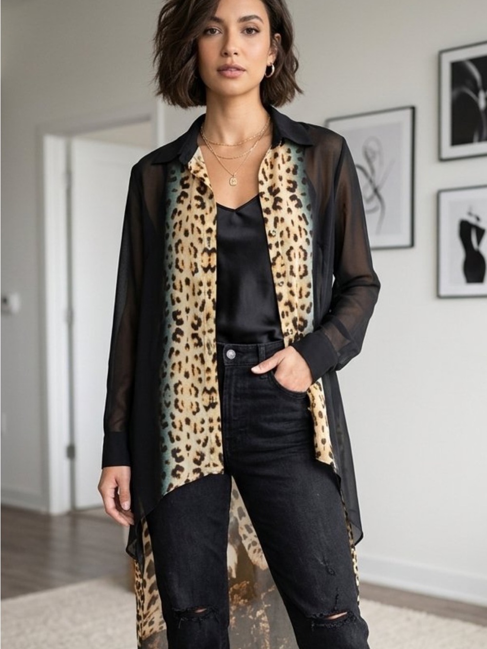 Sheer Black Button-Down Shirt with Leopard Panel